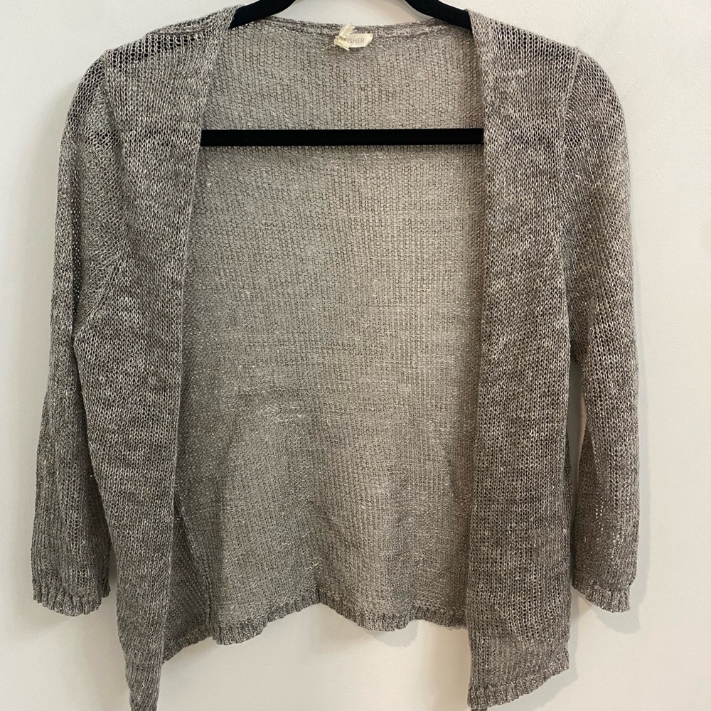 Eileen Fisher Gray Silver Metallic Crochet Knit Open Cardigan XS